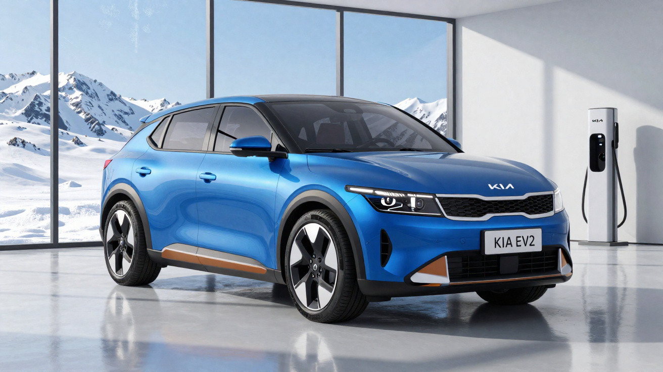 Carro elétrico azul Kia EV2 estacionado numa garagem moderna com paisagem de montanhas nevadas ao fundo.