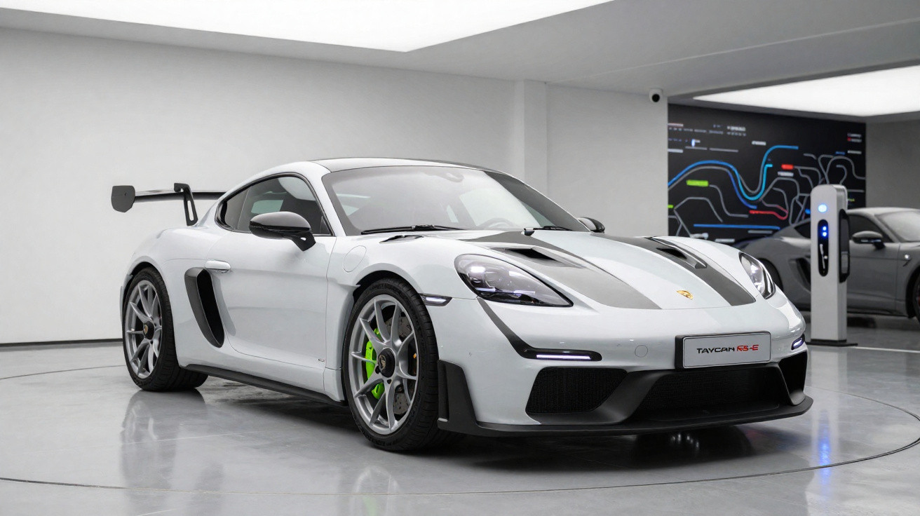 Carro desportivo Porsche Taycan RS Cross Turismo branco estacionado em espaço interior moderno.