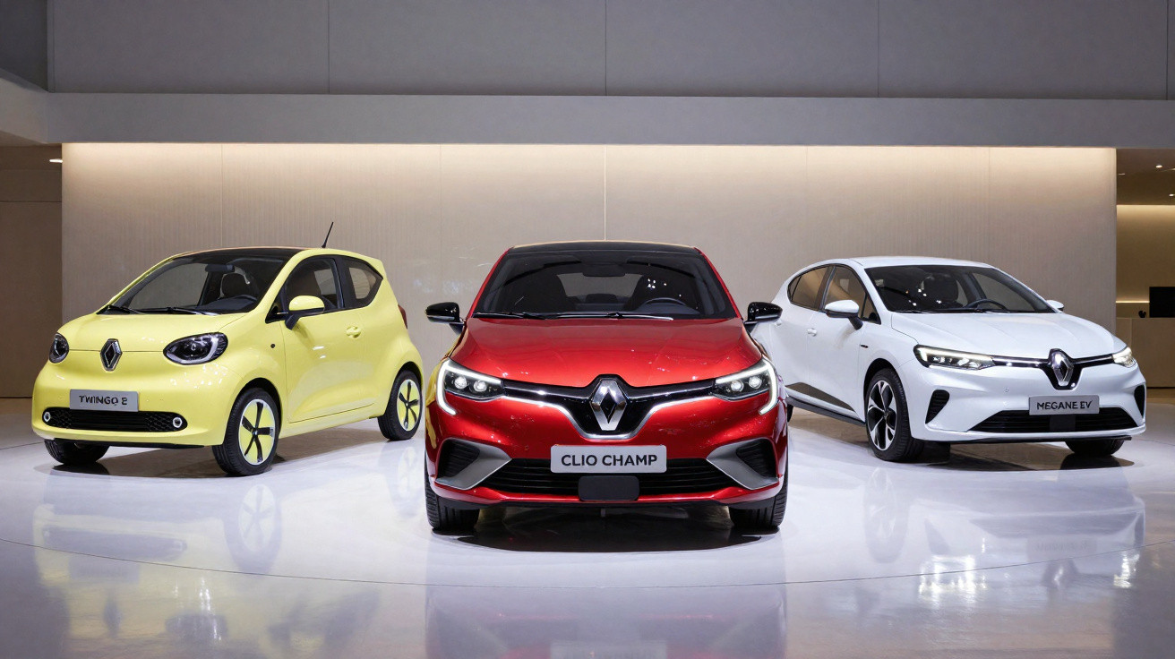 Três carros Renault elétricos expostos, modelos Twingo E amarelo, Clio Champ vermelho e Mégane EV branco.
