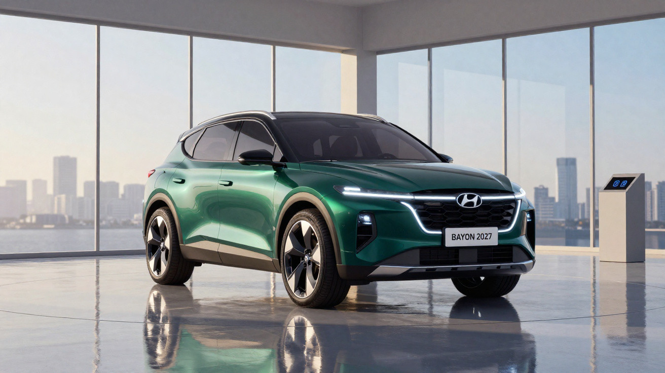 SUV Hyundai Bayon verde 2027 estacionado em garagem com janelas panorâmicas e vista para a cidade.