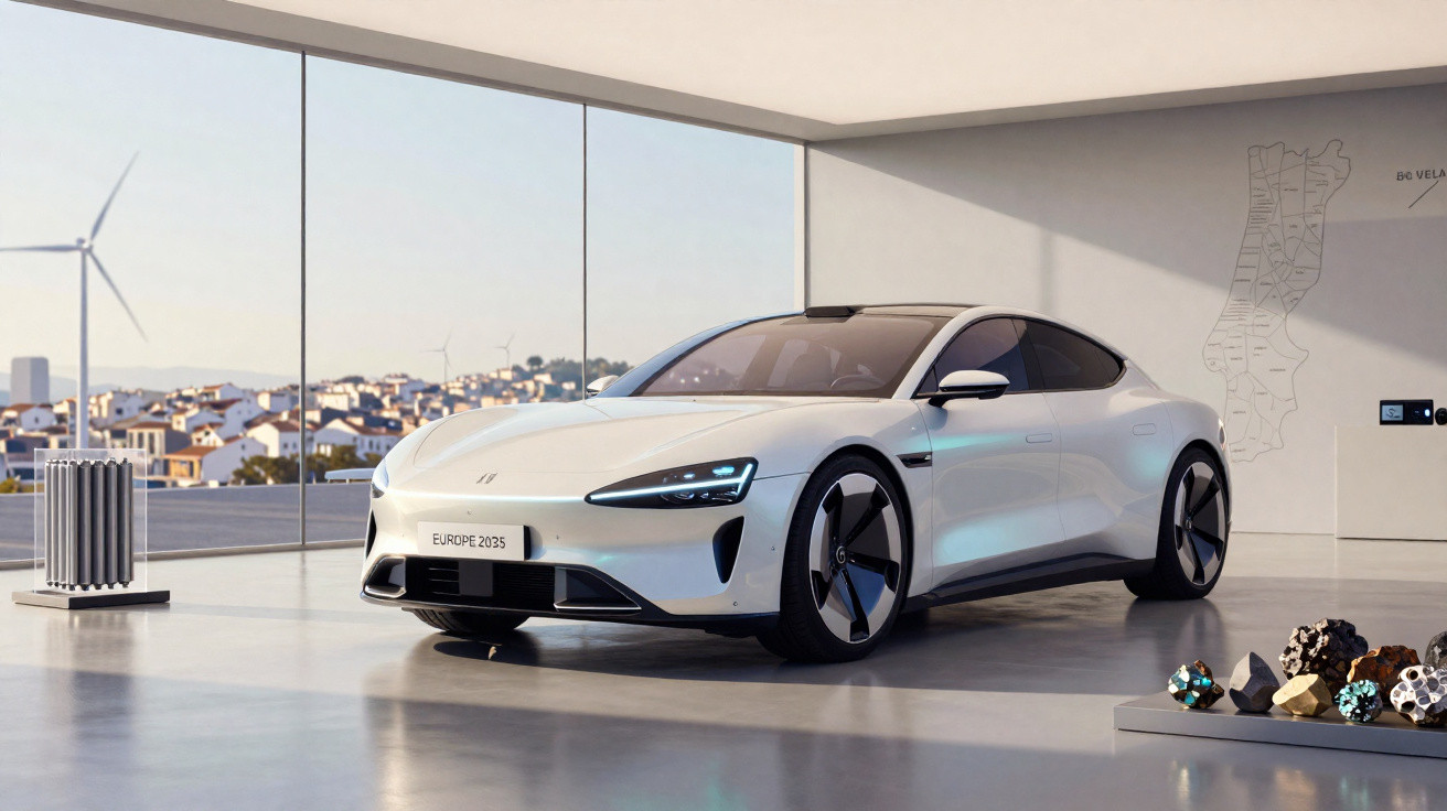 Carro elétrico branco futurista estacionado numa sala com janelas amplas e vista para turbinas eólicas.