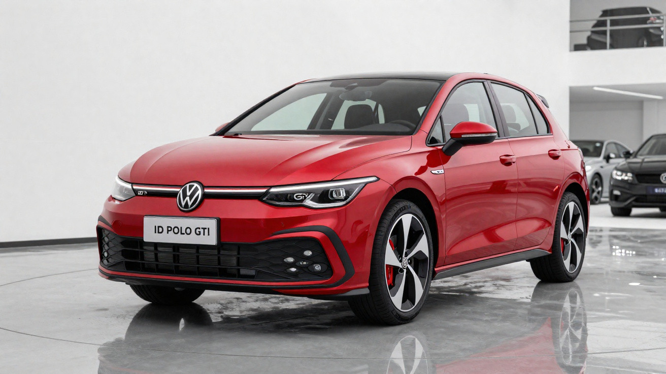 Carro vermelho Volkswagen ID Polo GTI estacionado em interior moderno e minimalista.