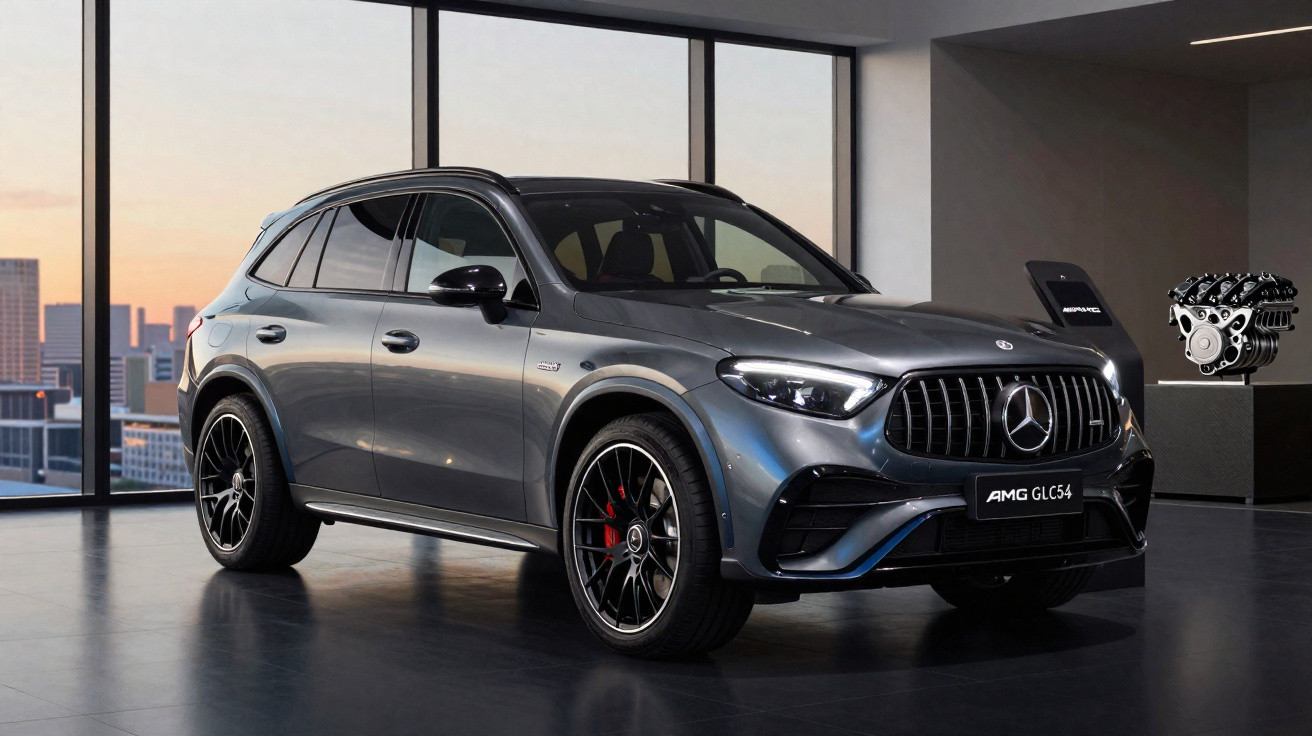 SUV Mercedes-Benz AMG GLC 63 cinza estacionado em piso escuro com grandes janelas ao fundo.