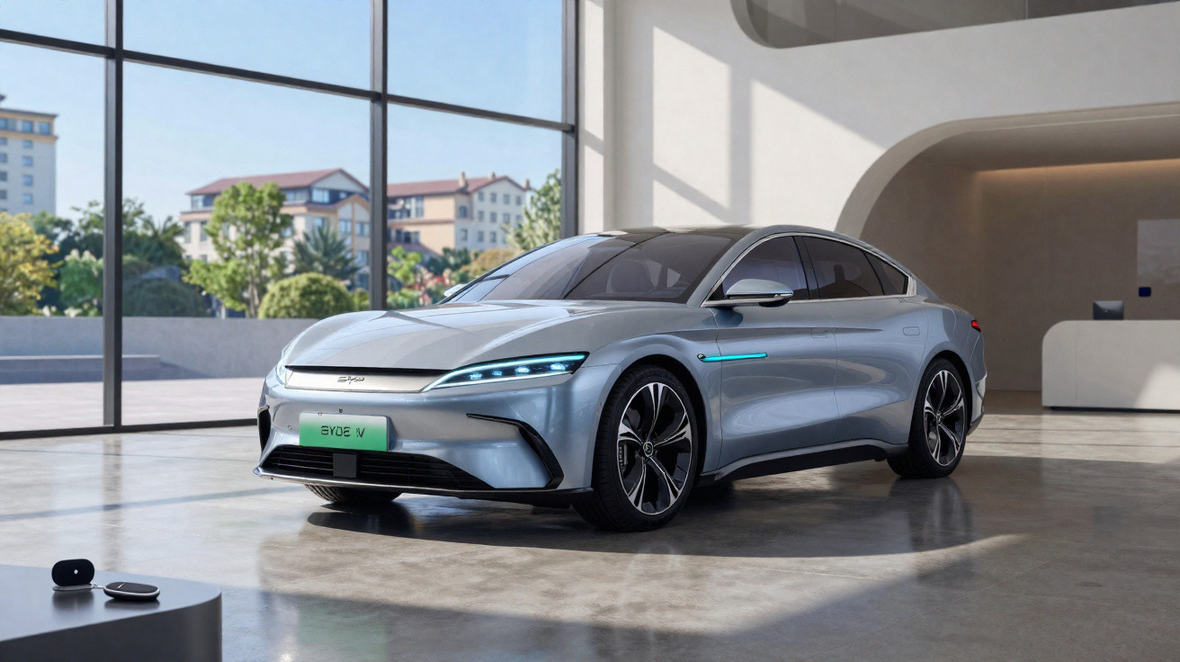 Carro elétrico cinza prateado com design moderno estacionado em sala ampla com janelas grandes e luz natural.