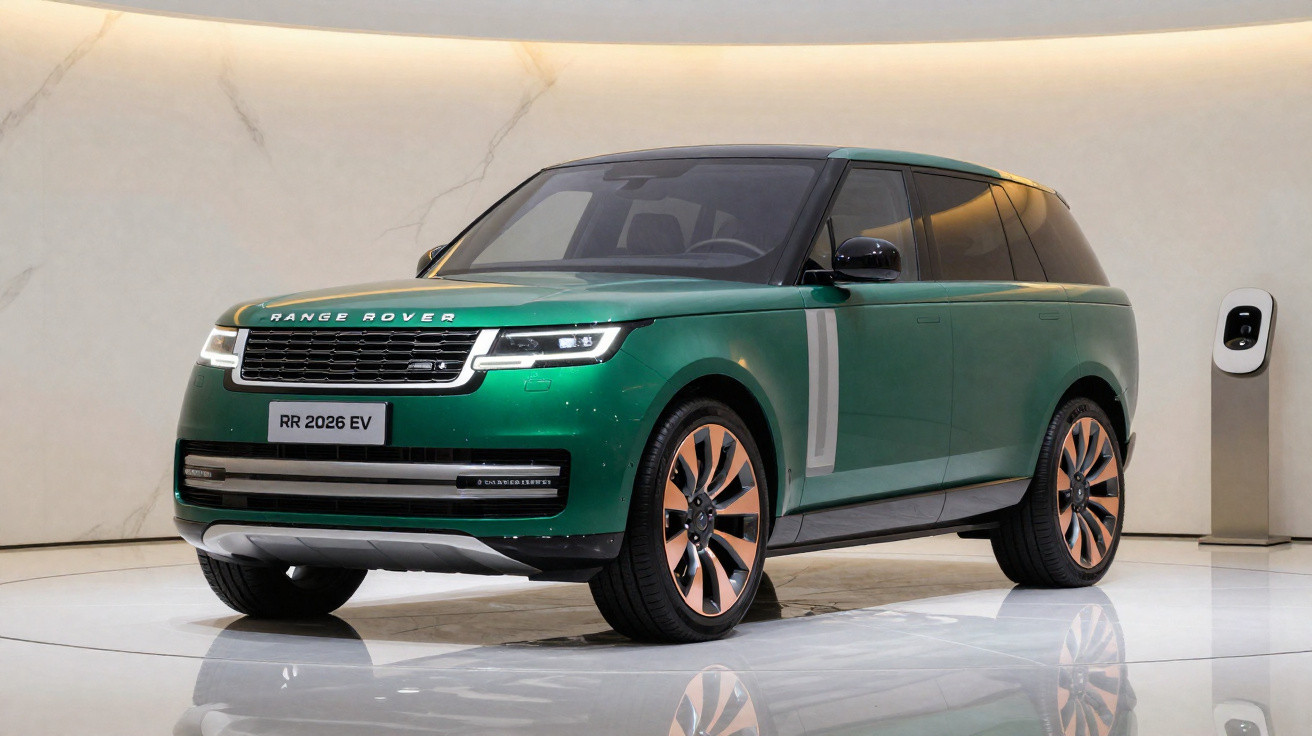 SUV elétrico Range Rover verde exposto em ambiente moderno com carregador elétrico ao fundo.