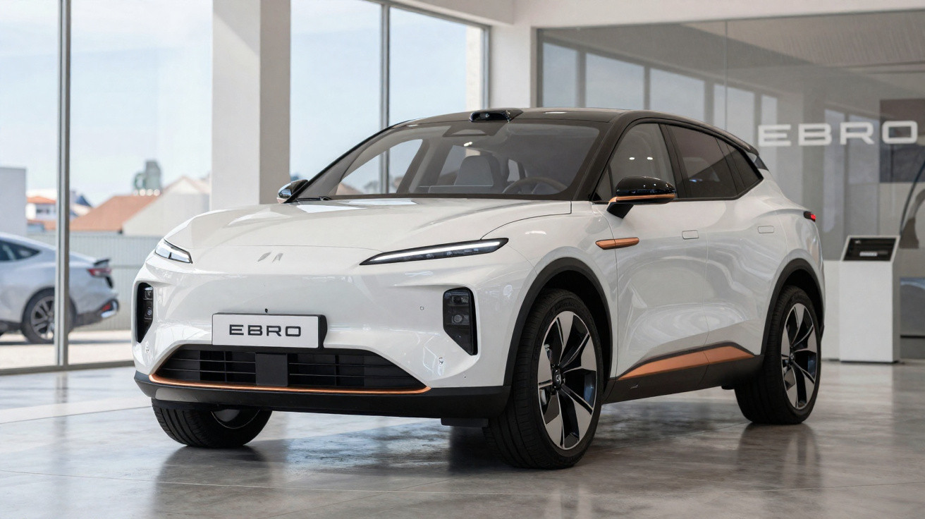 SUV elétrico branco EBRO estacionado dentro de uma garagem moderna com janelas amplas.