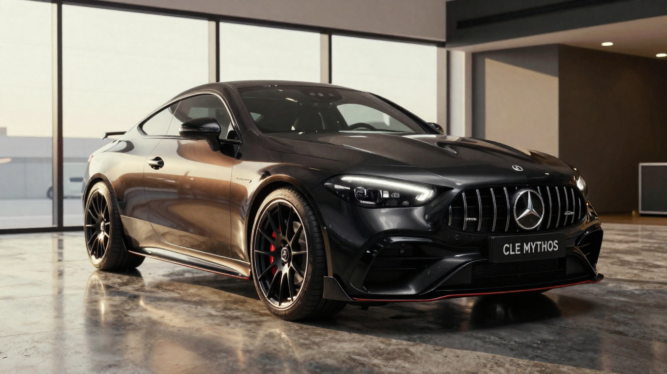 Mercedes-Benz desportivo preto estacionado num piso interior com janelas amplas ao fundo.