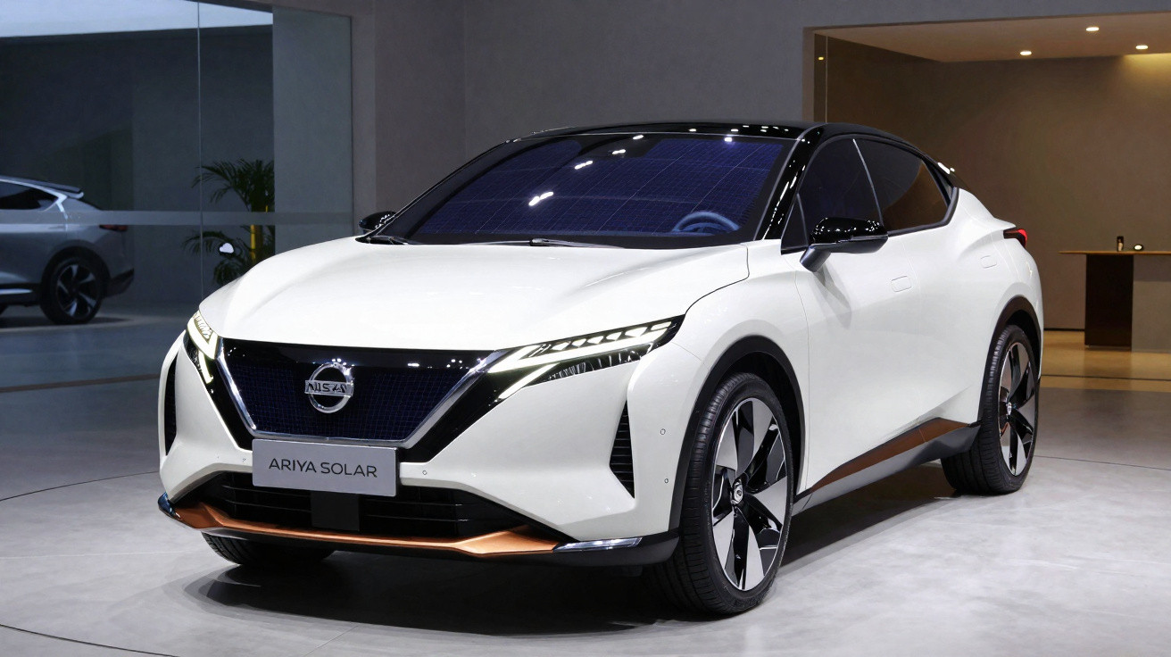 Carro elétrico Nissan Ariya Solar branco estacionado em salão moderno com paredes cinza e vidro.