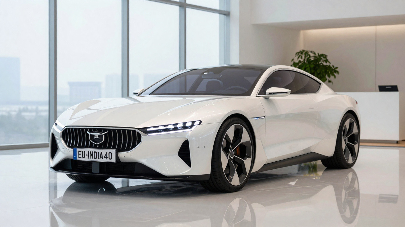 Carro desportivo elétrico branco estacionado em espaço interior moderno com janelas grandes.
