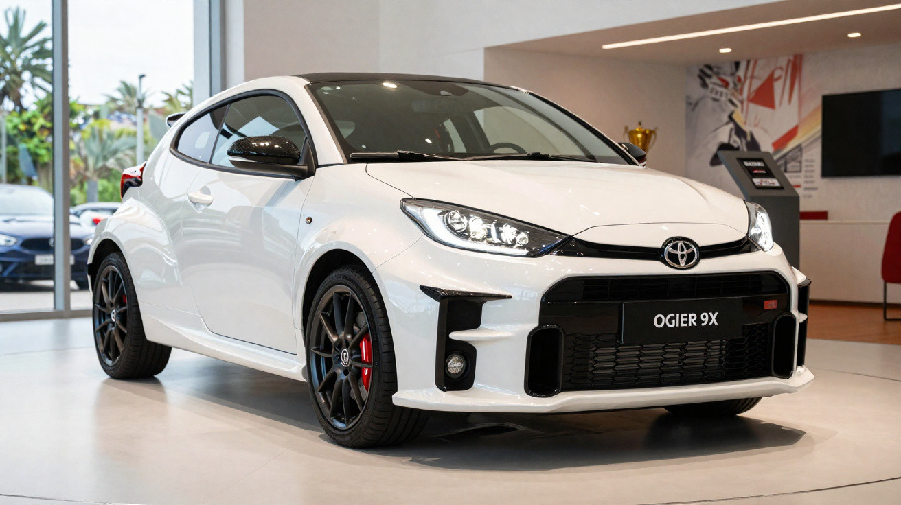 Carro desportivo Toyota branco exposto em ambiente interior moderno, modelo Ogier 9X.