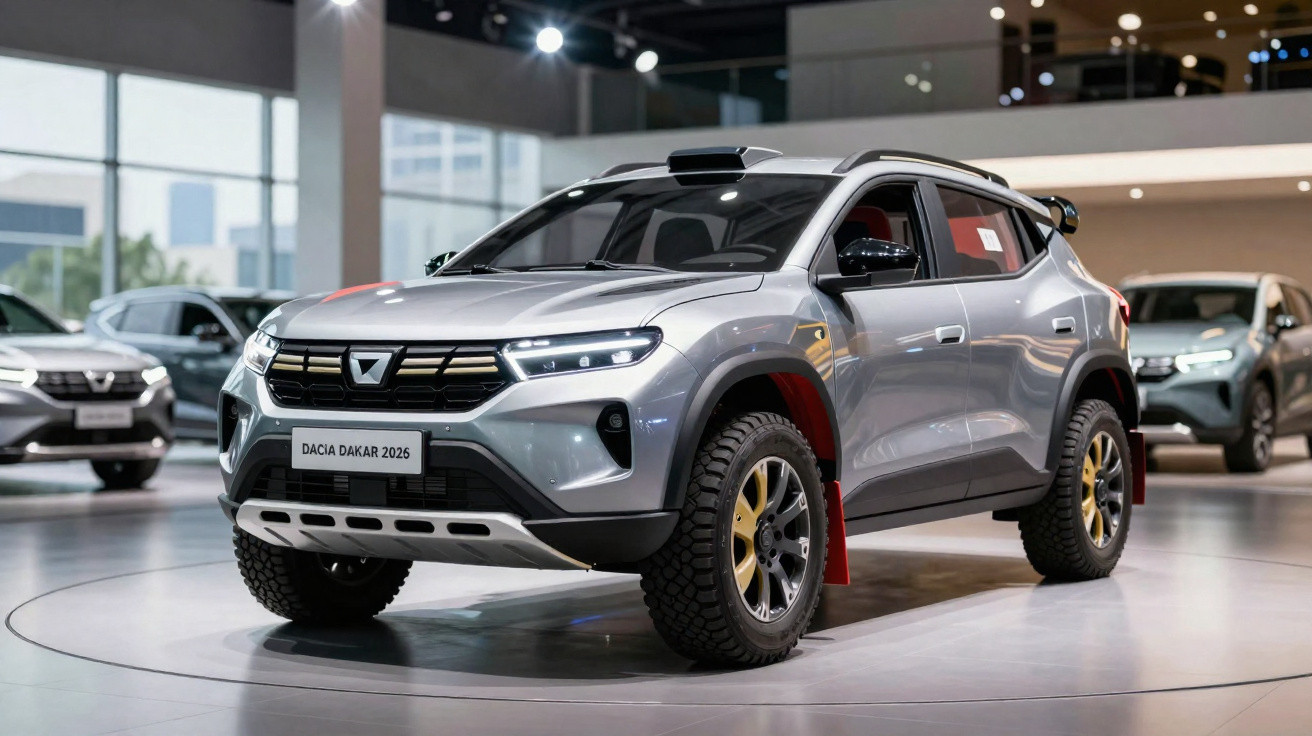 Carro SUV Dacia Dakar 2025 prateado em exposição numa sala com iluminação moderna.