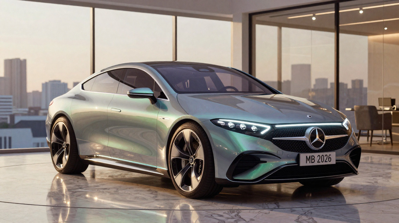 Automóvel elétrico Mercedes-Benz prateado, estacionado em interior moderno com vista para cidade ao pôr do sol.