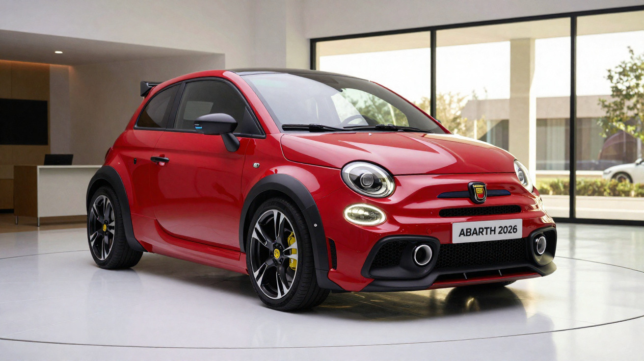 Automóvel desportivo compacto vermelho Abarth 2026 em ambiente moderno interior iluminado.