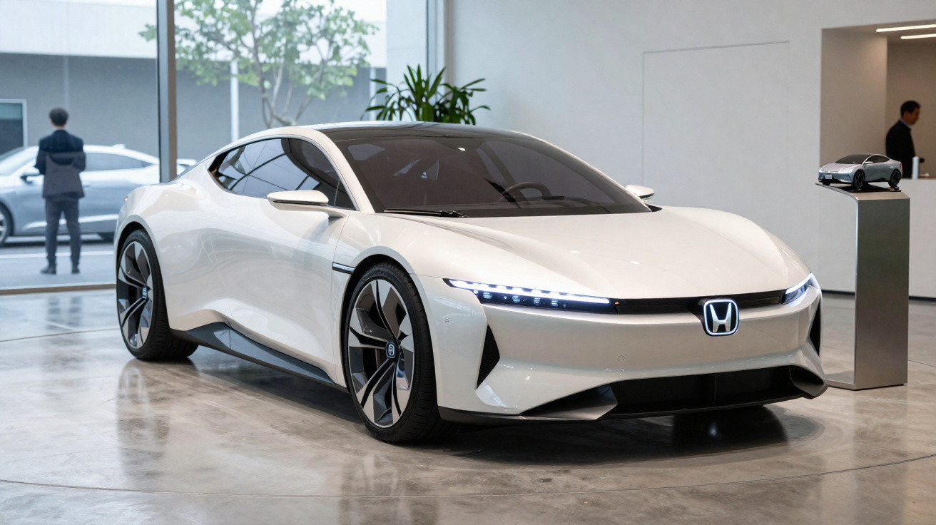 Carro desportivo branco Honda elétrico exibido em salão moderno com pessoas ao fundo.