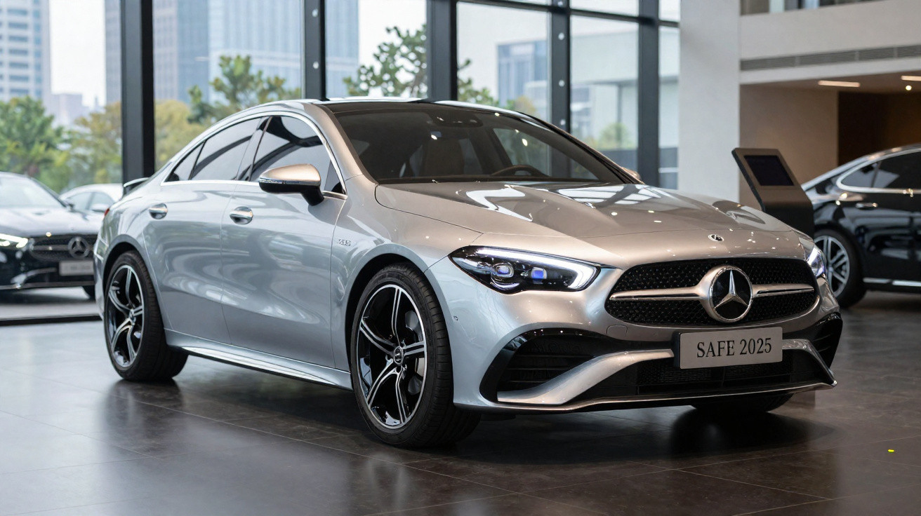 Carro Mercedes-Benz prateado estacionado numa sala de exposição moderna com janelas grandes.