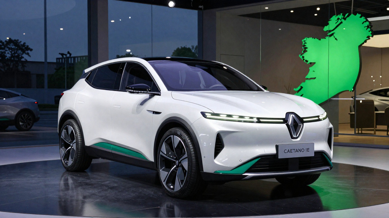Carro elétrico branco Caetano IE exposto em showroom moderno, com detalhes verdes e iluminação LED.