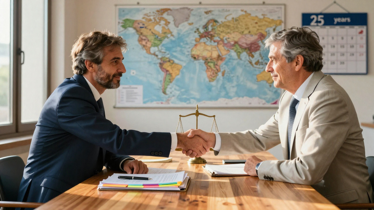 Dois homens de negócios a apertar as mãos numa mesa com documentos e mapa-múndi ao fundo.