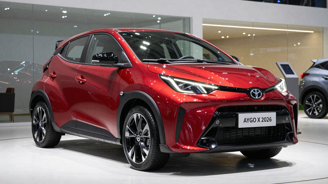Carro Toyota Aygo X 2026 vermelho exposto em showroom com iluminação refletida no capô.
