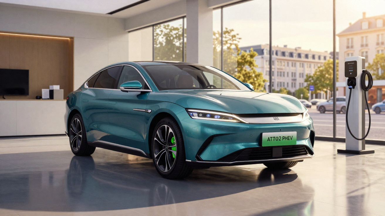 Carro elétrico verde metálico estacionado em showroom moderno com estação de carregamento ao lado.