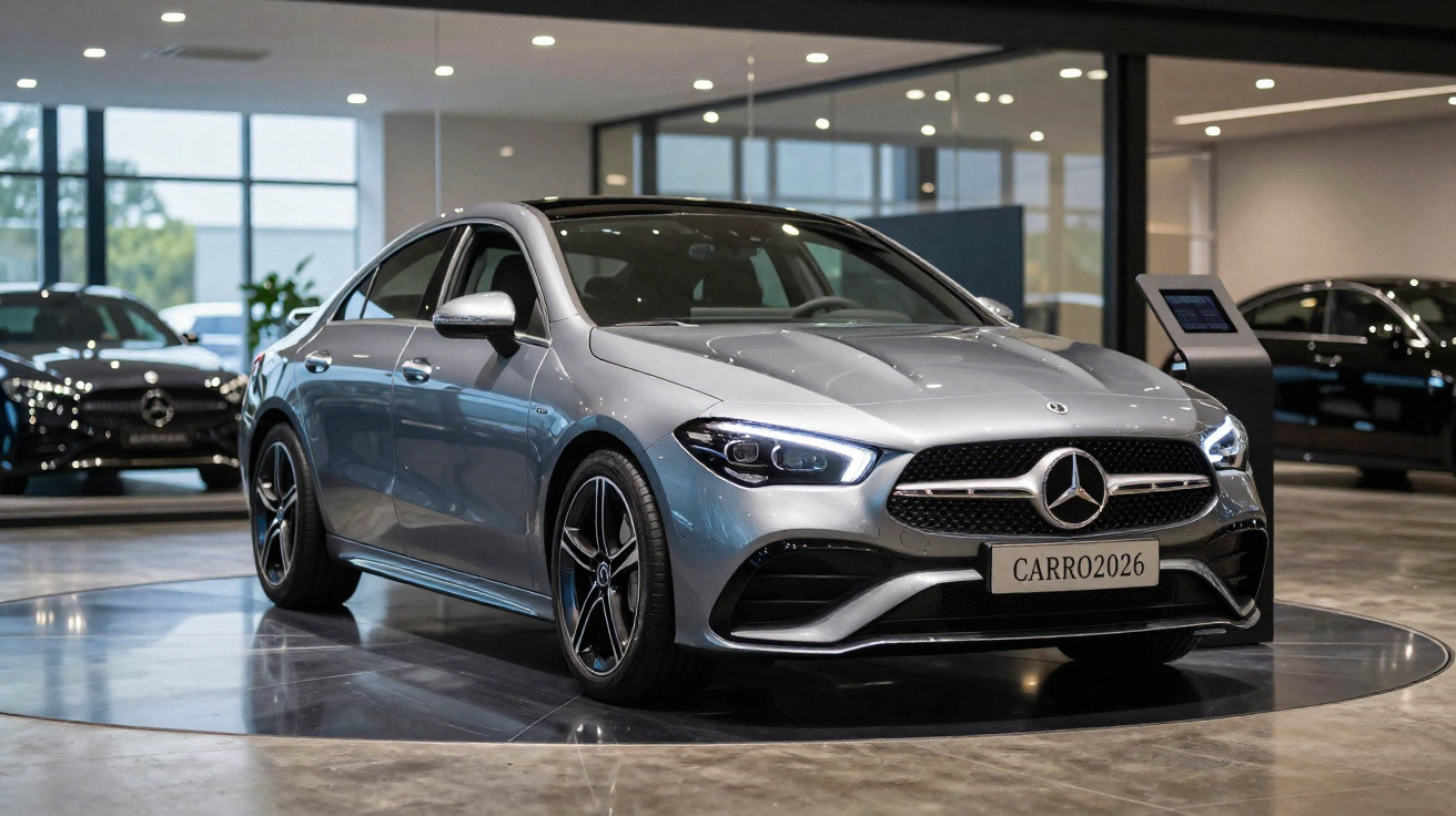Carro Mercedes-Benz cinza exposto em showroom moderno com iluminação e carros ao fundo.