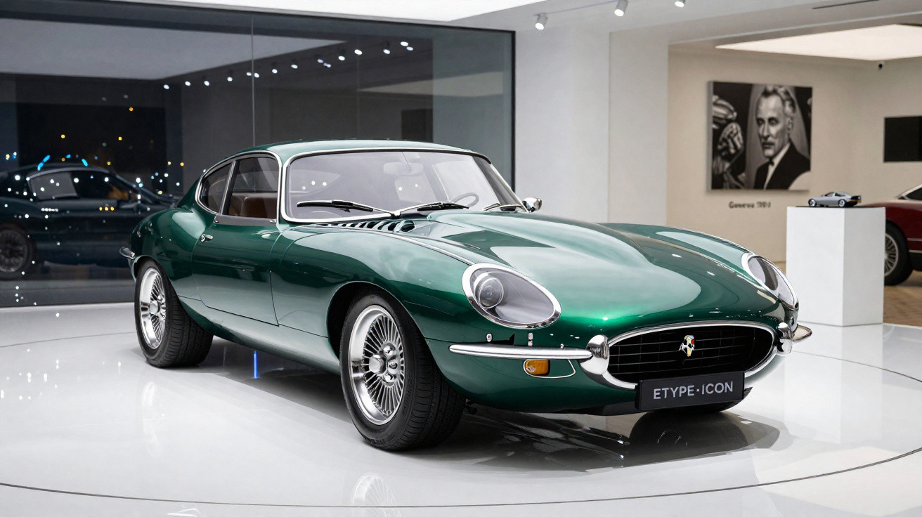 Carro desportivo clássico verde metálico Jaguar E-Type Icon exposto em ambiente moderno de museu.