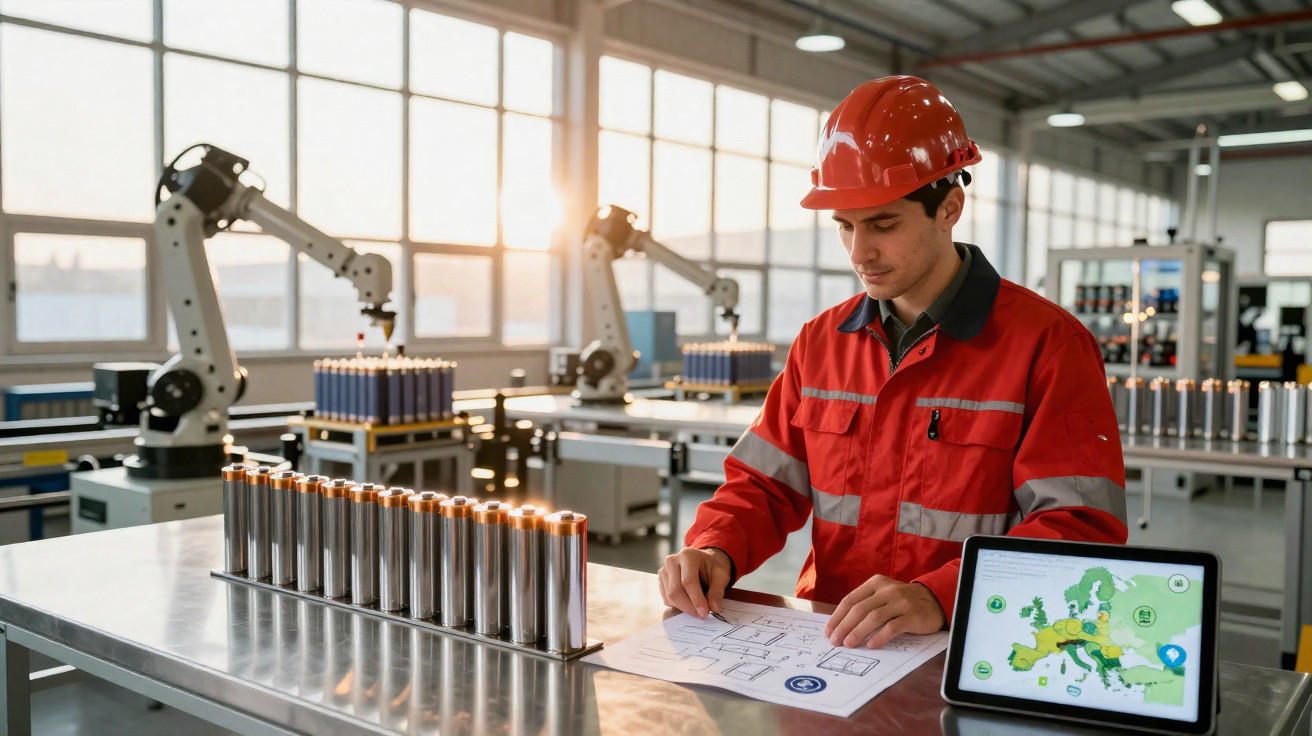 Trabalhador numa fábrica de baterias a analisar plantas, com robôs e uma tablet com mapa da Europa.