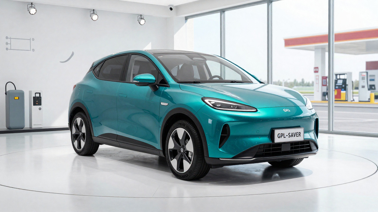 Carro SUV elétrico azul-turquesa estacionado numa sala de exposição moderna e luminosa.