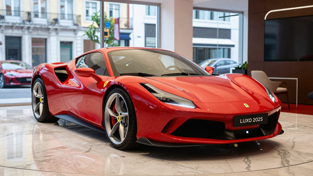 Carro desportivo vermelho Ferrari LUXO 2025 exibido num salão com piso em mármore.