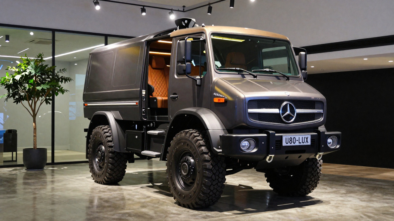 Camioneta Mercedes-Benz U80-LUX preta estacionada em interior com porta lateral aberta.