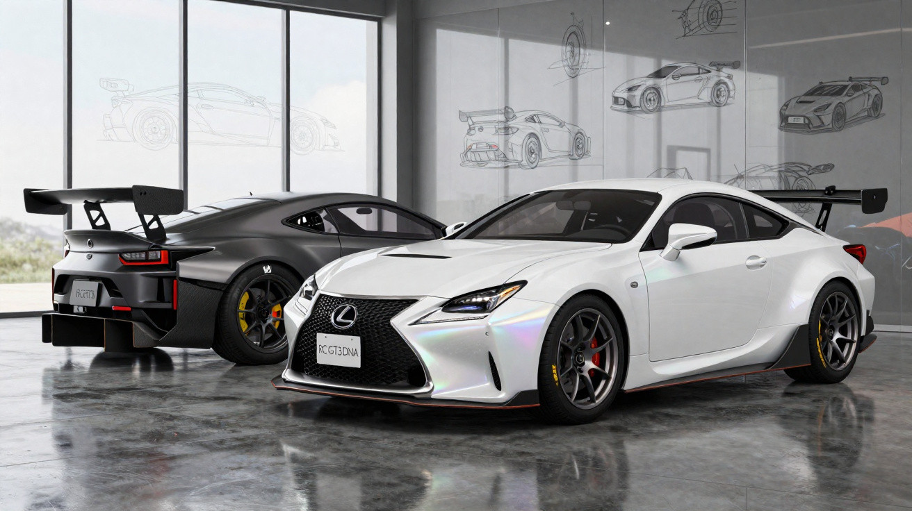 Dois carros desportivos Lexus RC GT, um branco à frente e outro preto ao fundo, em escritório com desenhos de carros nas pare