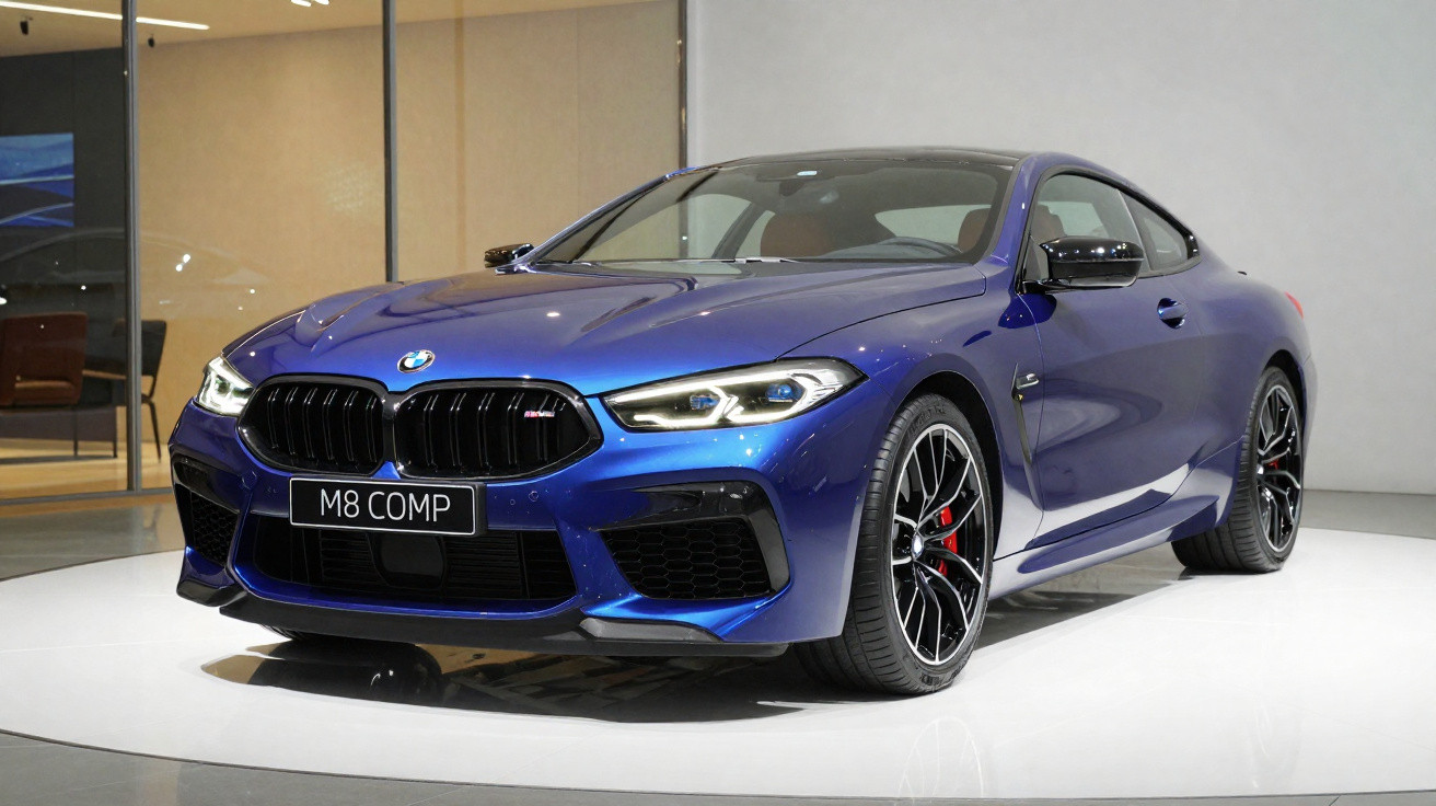 Automóvel desportivo BMW M8 Competition azul metalizado estacionado em exposição interior.