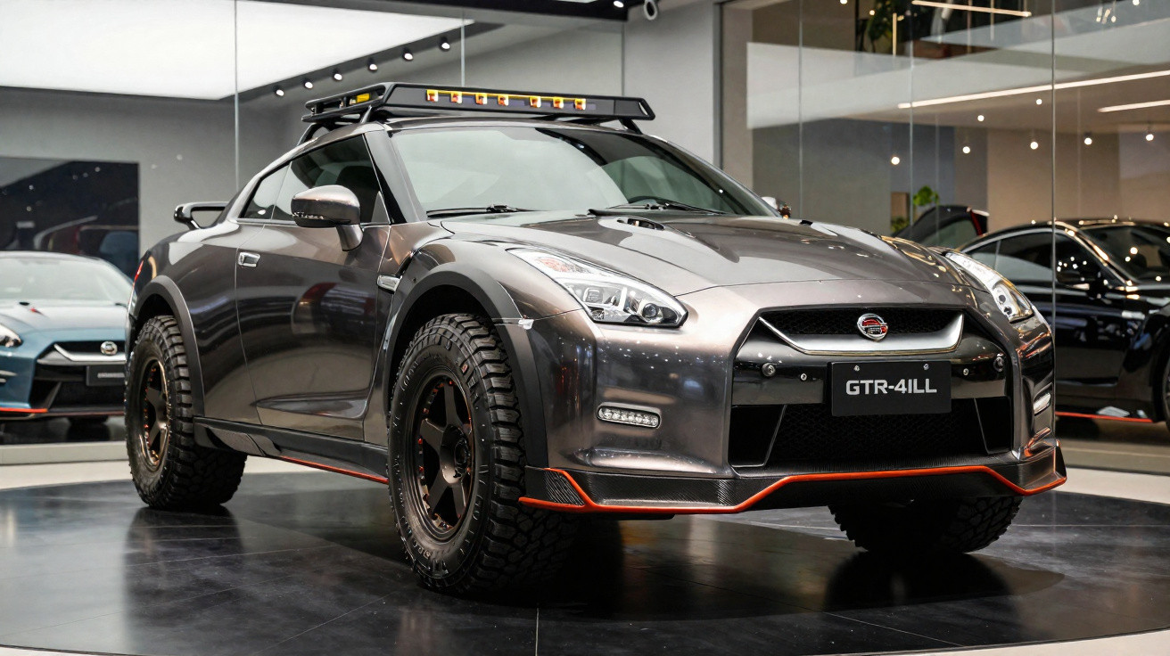 Carro Nissan GT-R 4LL em cinza metálico com pneus off-road num showroom moderno com espelhos.