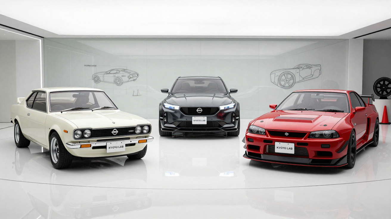 Três carros Nissan de diferentes épocas expostos em sala com paredes brancas e desenhos técnicos no fundo.