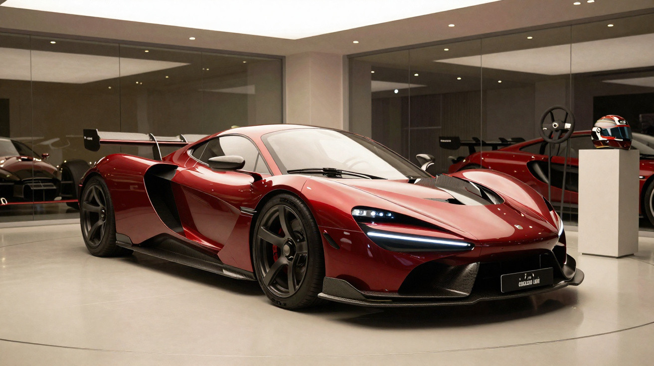 Carro desportivo vermelho brilhante com design aerodinâmico exposto numa sala com paredes espelhadas.