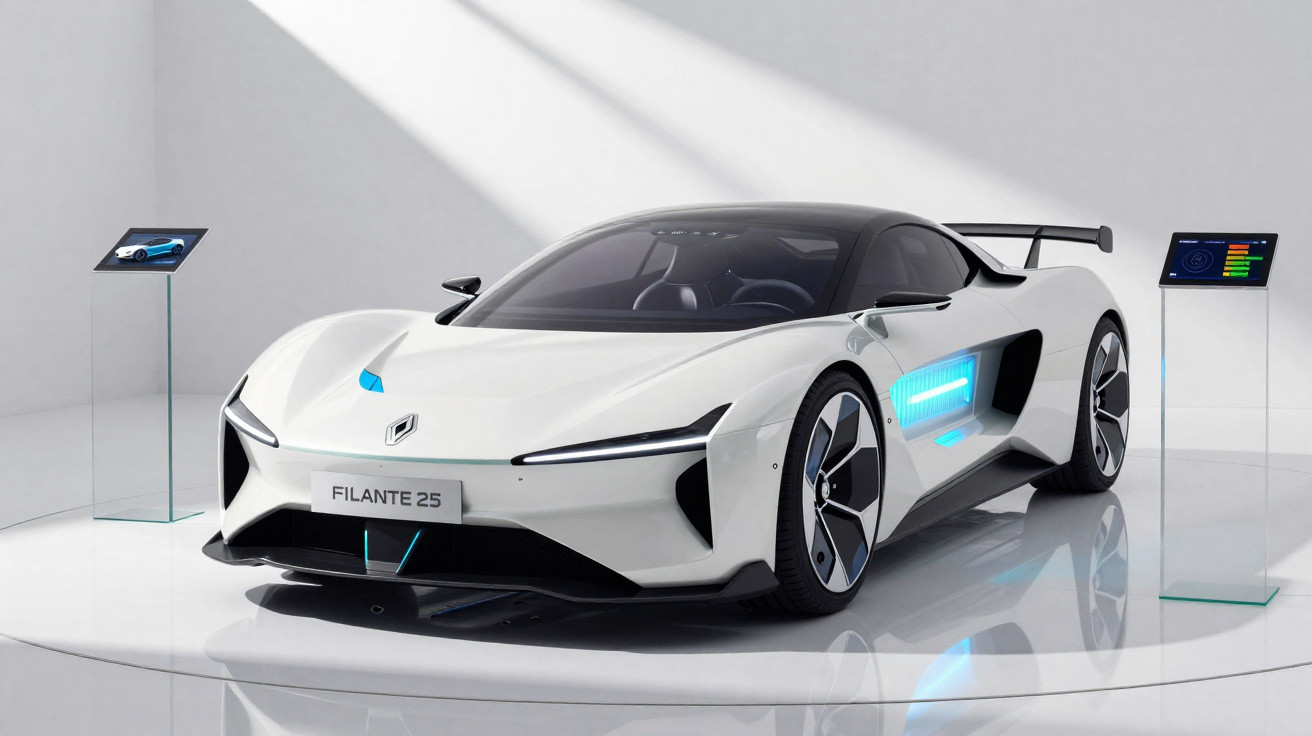 Carro desportivo elétrico branco Renault Filante 25 exposto em espaço moderno com iluminação brilhante.