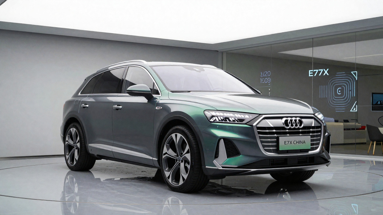 Automóvel Audi E7X elétrico cinzento escuro exibido em espaço moderno e minimalista.