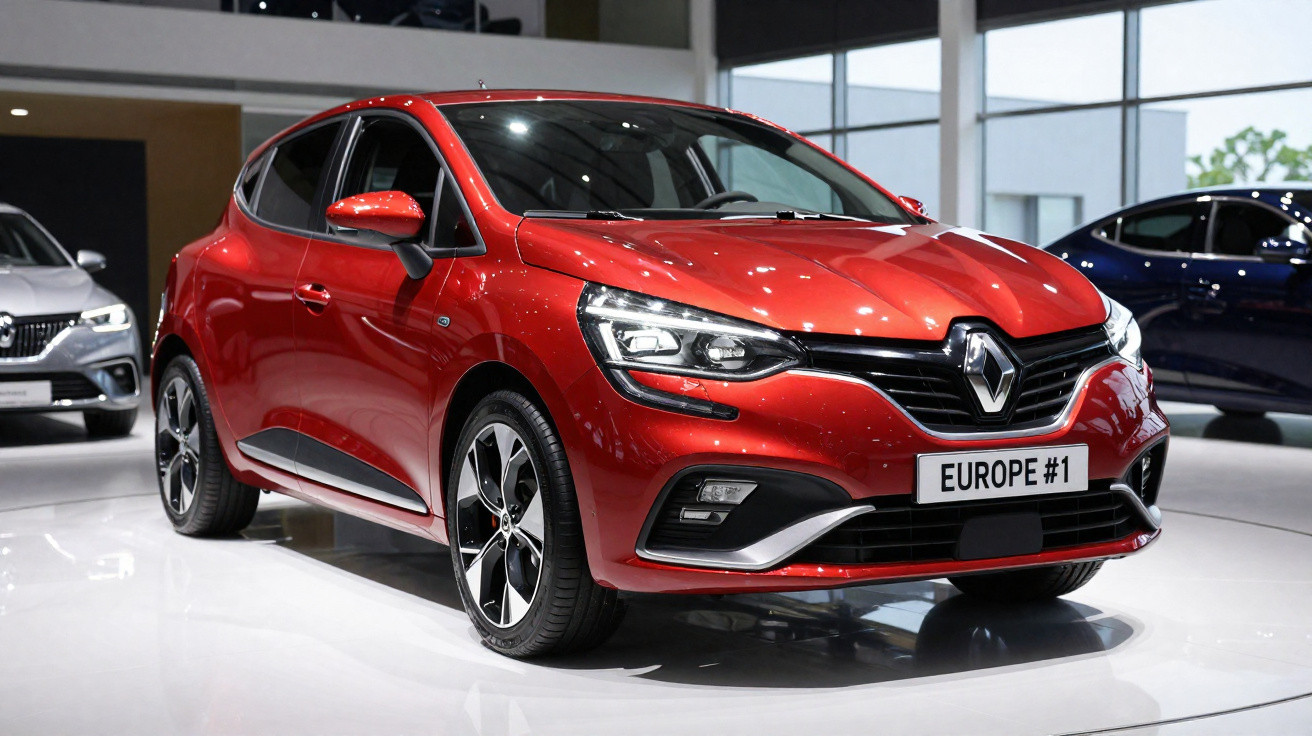 Automóvel vermelho Renault em exposição numa sala de showroom com iluminação interior.