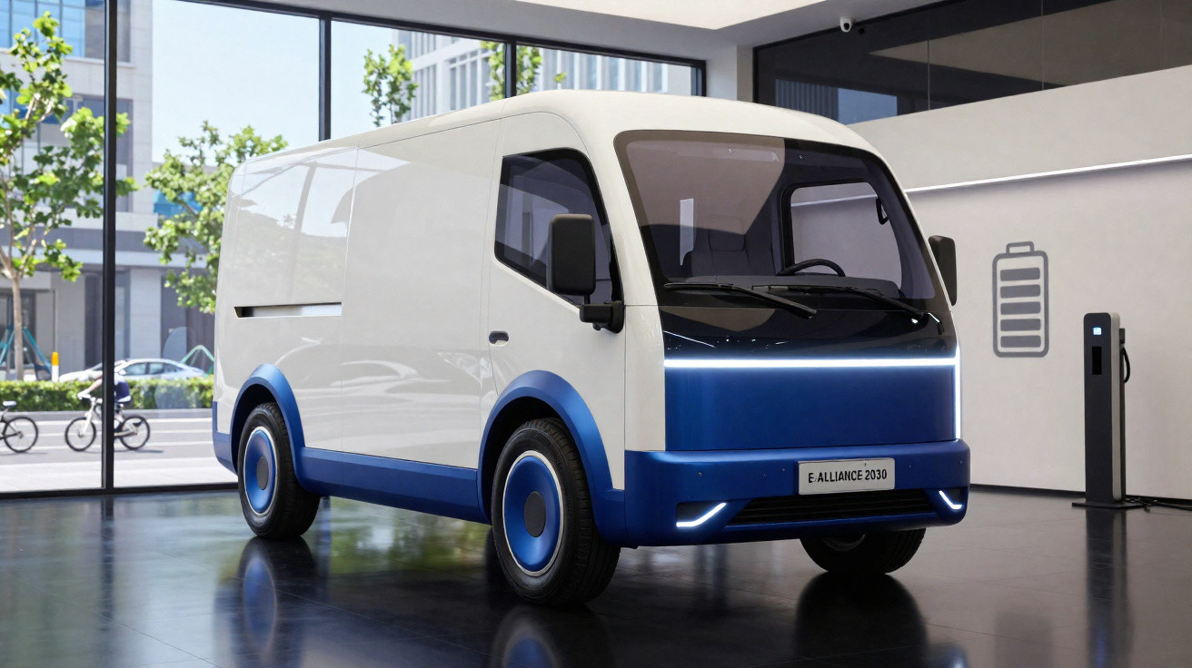 Furgão elétrico azul e branco estacionado num espaço moderno com carregador de bateria visível ao lado.