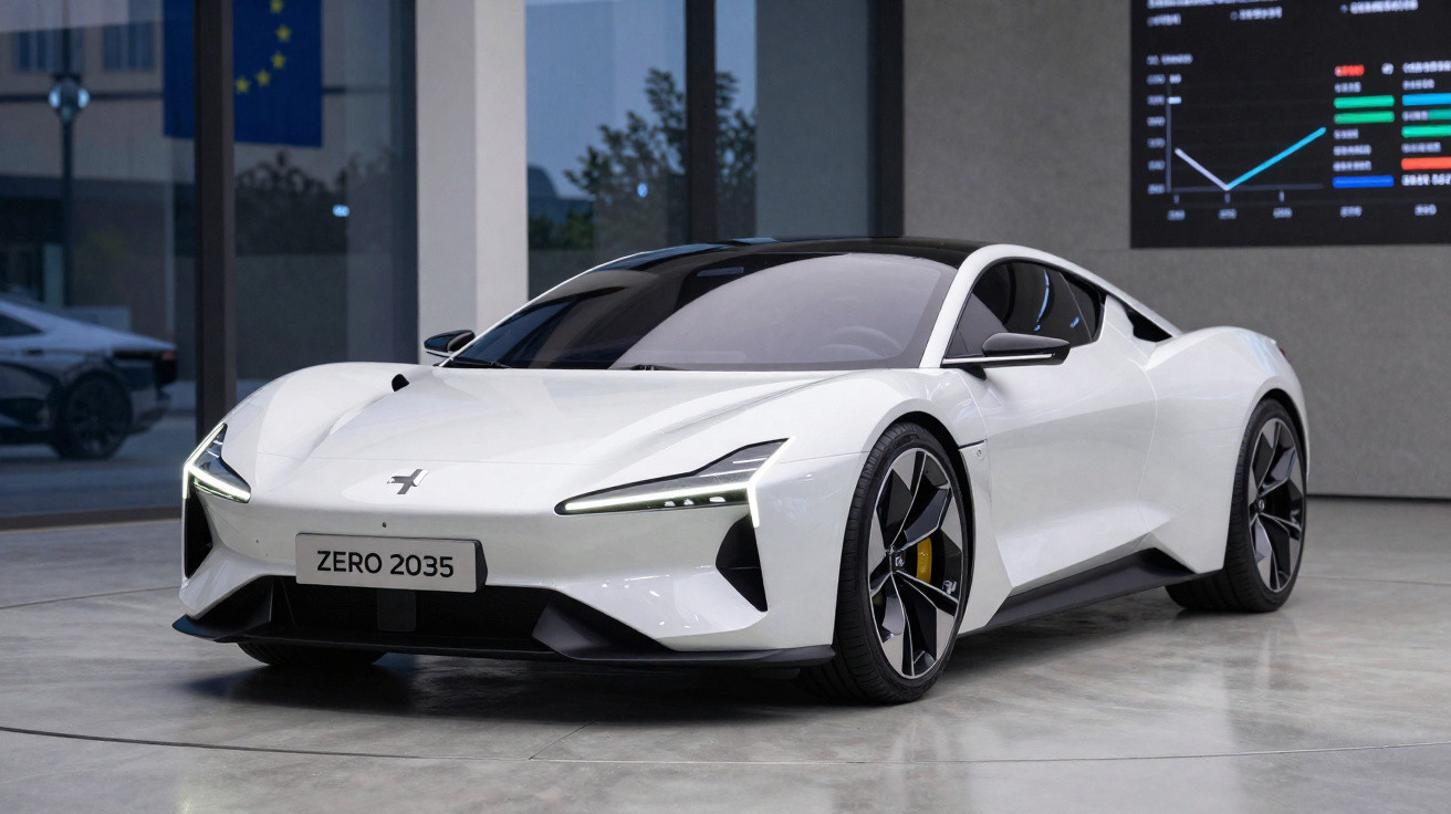 Carro desportivo eléctrico branco futurista estacionado numa sala moderna com chão de cimento polido.