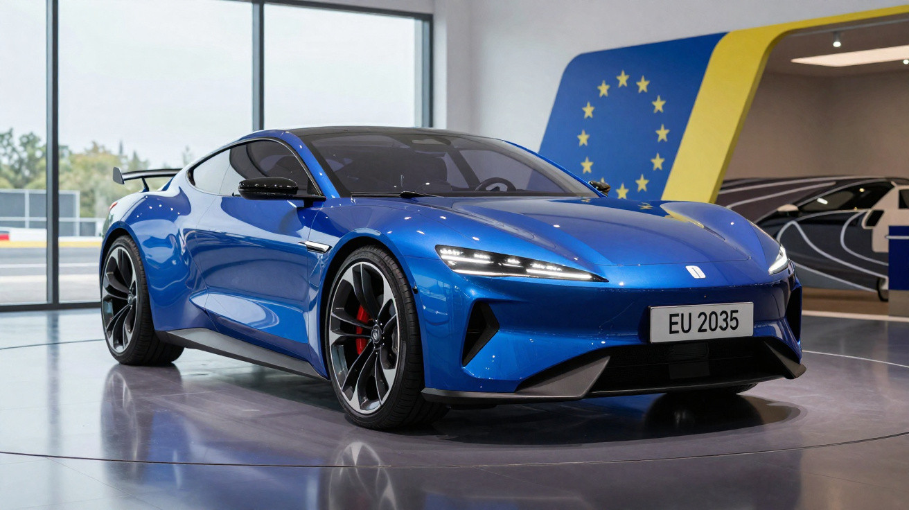 Carro desportivo elétrico azul brilhante estacionado em exposição com licença EU 2035 e decoração da UE ao fundo.