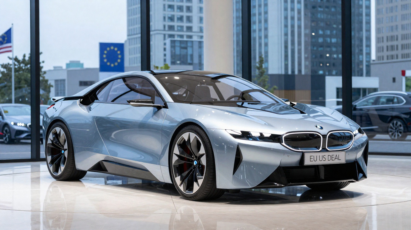 Carro desportivo elétrico BMW em exposição numa sala com janelas grandes e vista para edifícios altos.