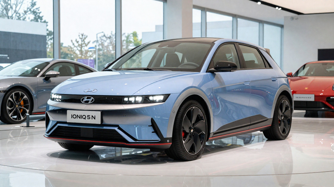 Carro Hyundai Ioniq 5 N azul expositor em salão automóvel moderno com outros carros ao fundo.