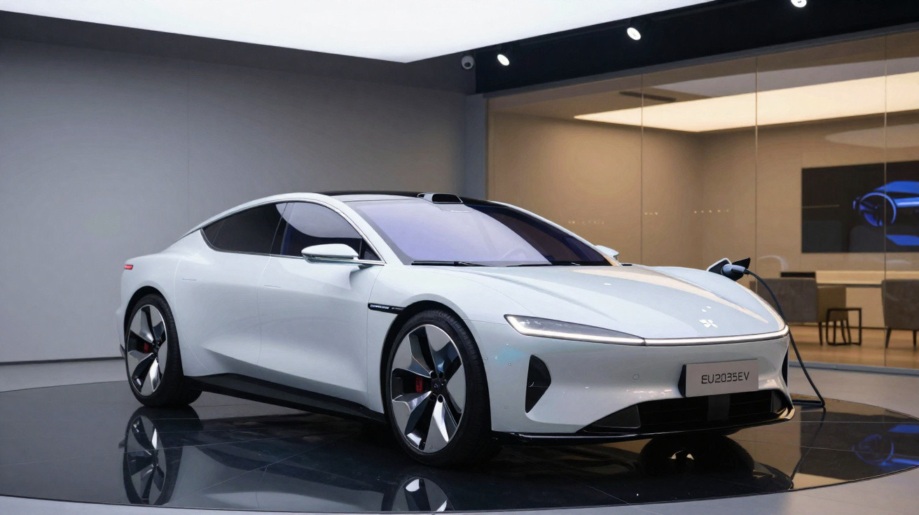 Carro elétrico de alto desempenho branco estacionado em sala de exposição moderna com carregador ligado.