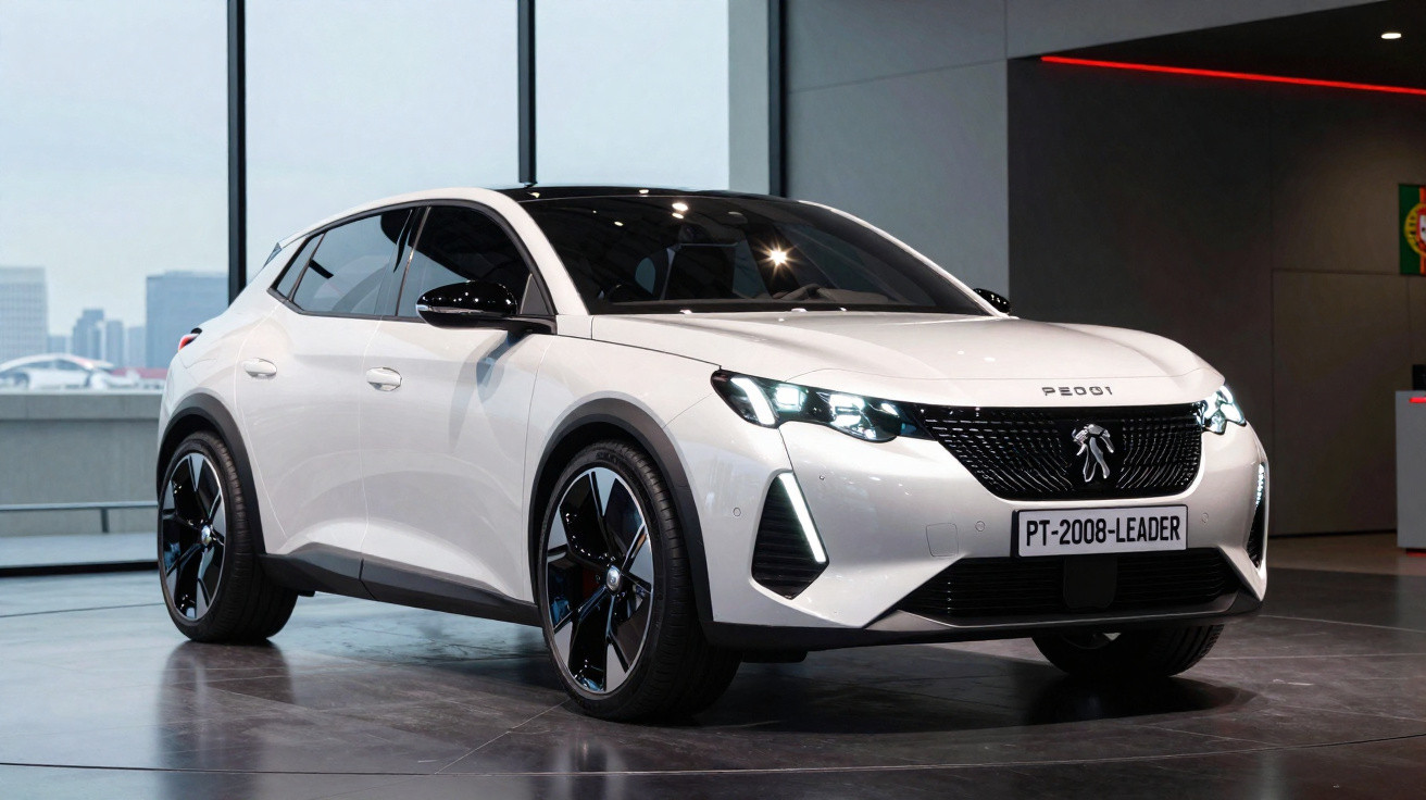 Automóvel Peugeot 2008 branco estacionado em interior moderno com luzes ligadas e jantes negras.