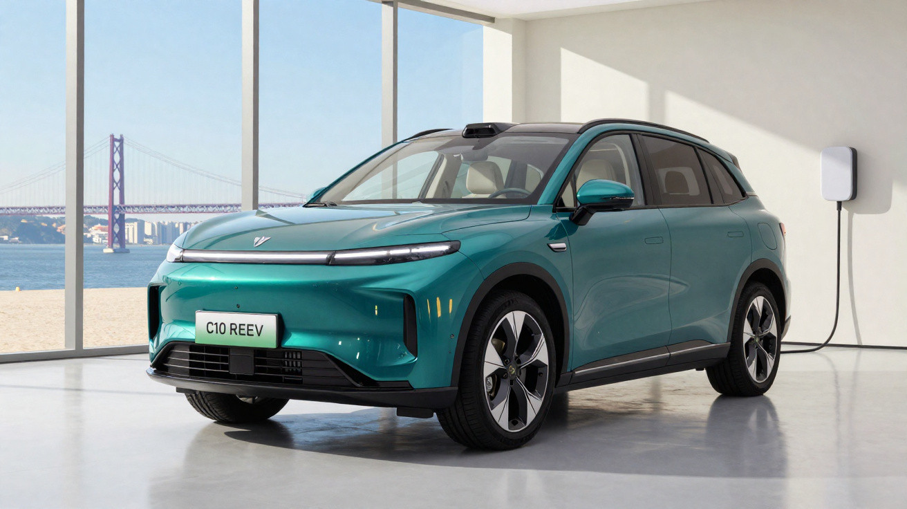SUV elétrico verde com design moderno a carregar numa estação de carregamento interior junto a uma janela com vista para uma 