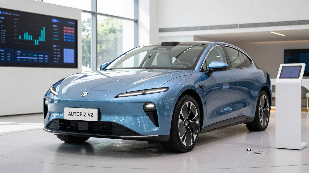 Automóvel elétrico azul AUTOBIZ V2 exibido num showroom moderno e luminoso.
