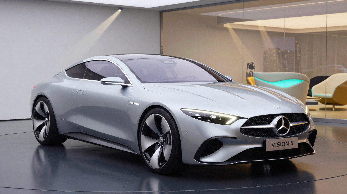 Carro desportivo Mercedes-Benz Vision S prata exibido em ambiente interior moderno com vidro e iluminação suave.