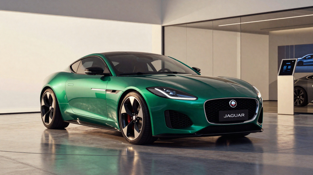 Carro desportivo verde Jaguar estacionado em espaço interior com piso refletor e parede espelhada.