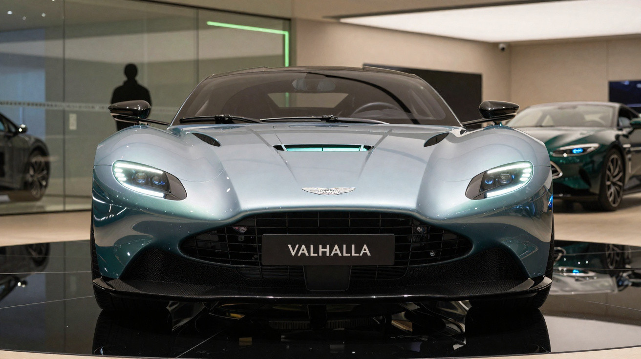 Carro desportivo Aston Martin Valhalla cinzento exibido numa sala de exposições moderna.