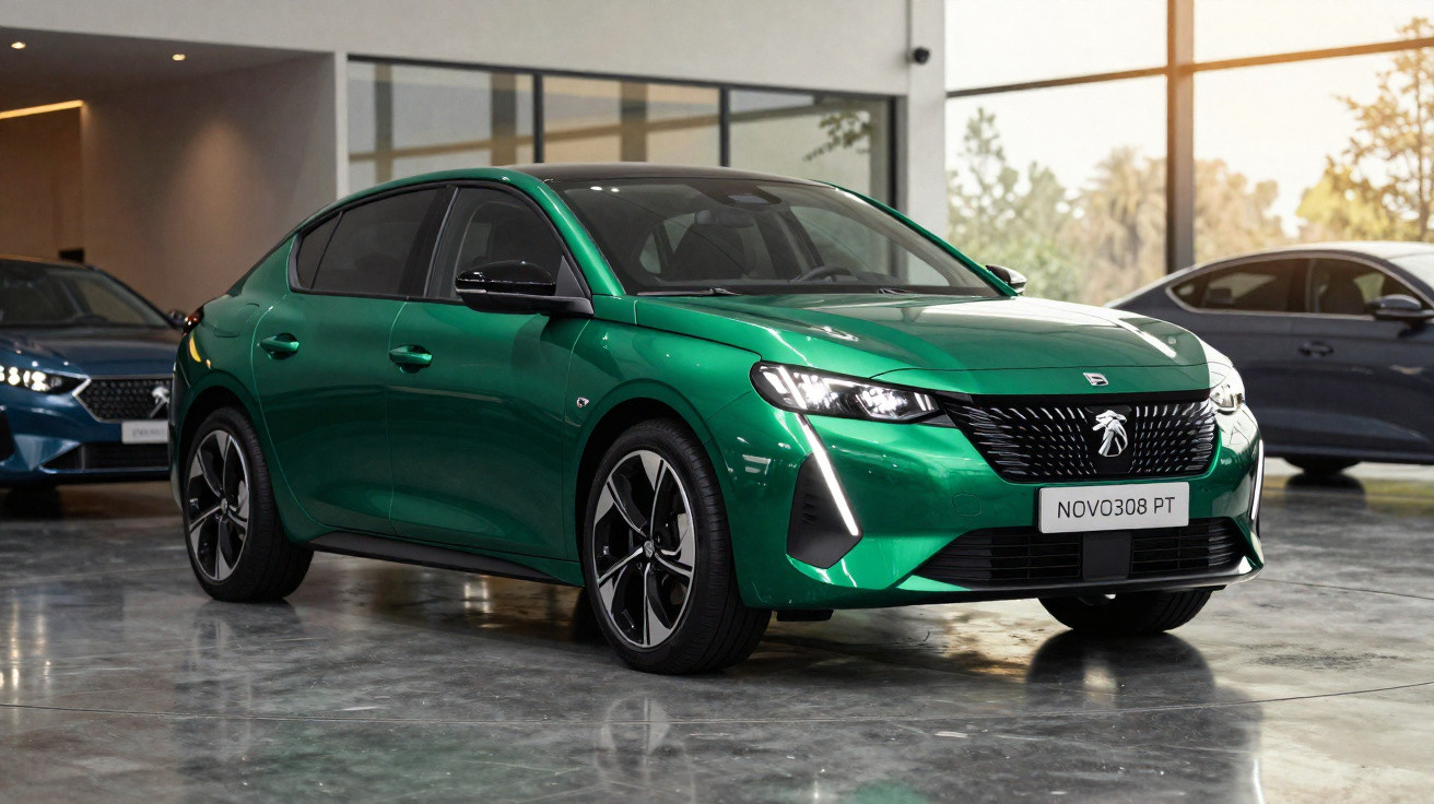 Peugeot 308 verde exposto dentro de concessionária moderna com chão em cimento polido.